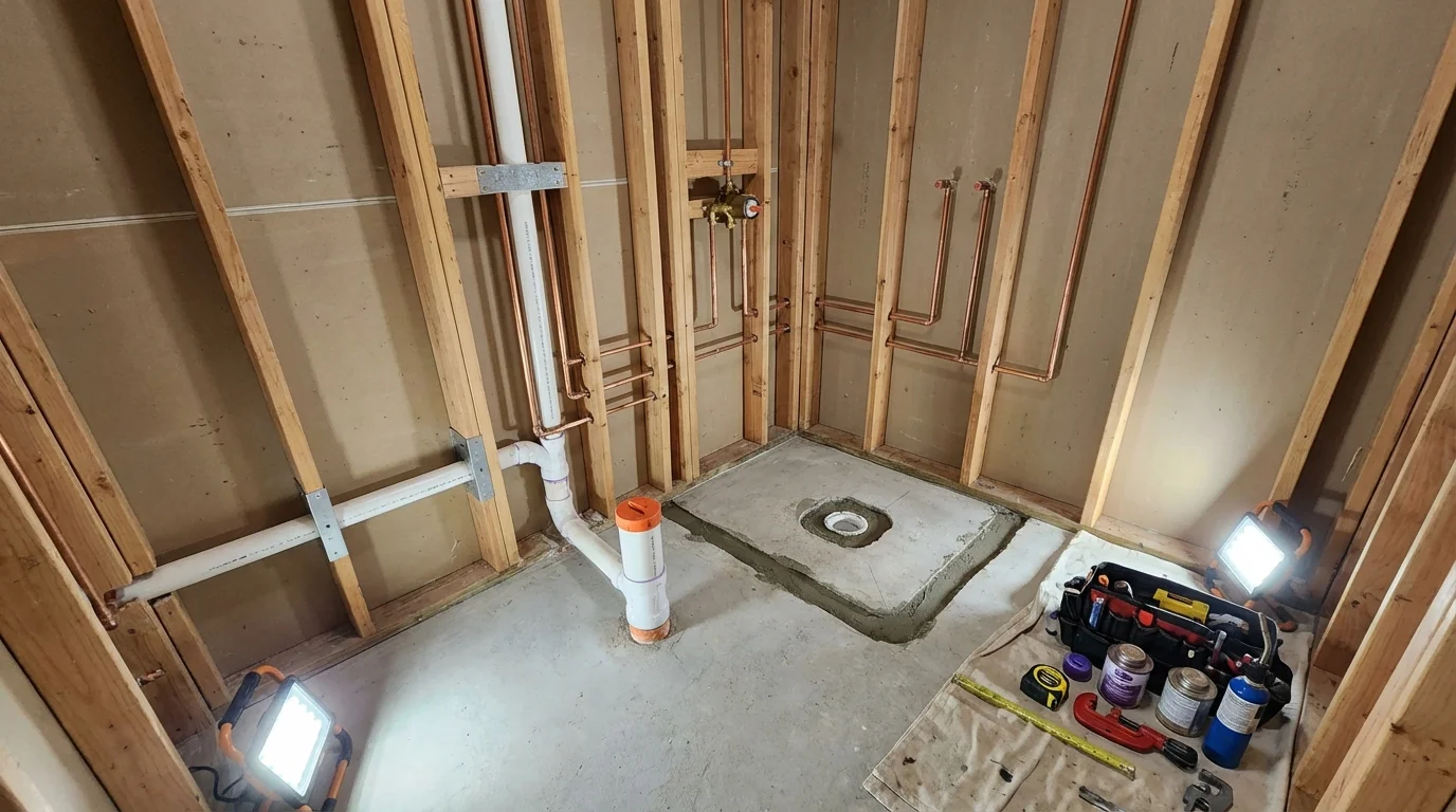 Bathroom rough-in plumbing during remodel by Johns Plumbing LLC in Ormond Beach