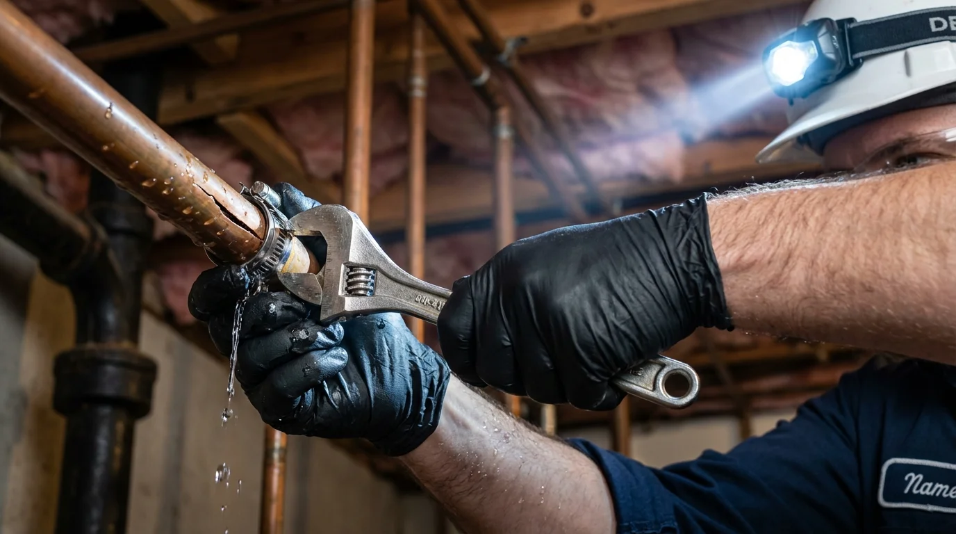 Emergency pipe clamp repair being performed by a Johns Plumbing LLC plumber in Ormond Beach