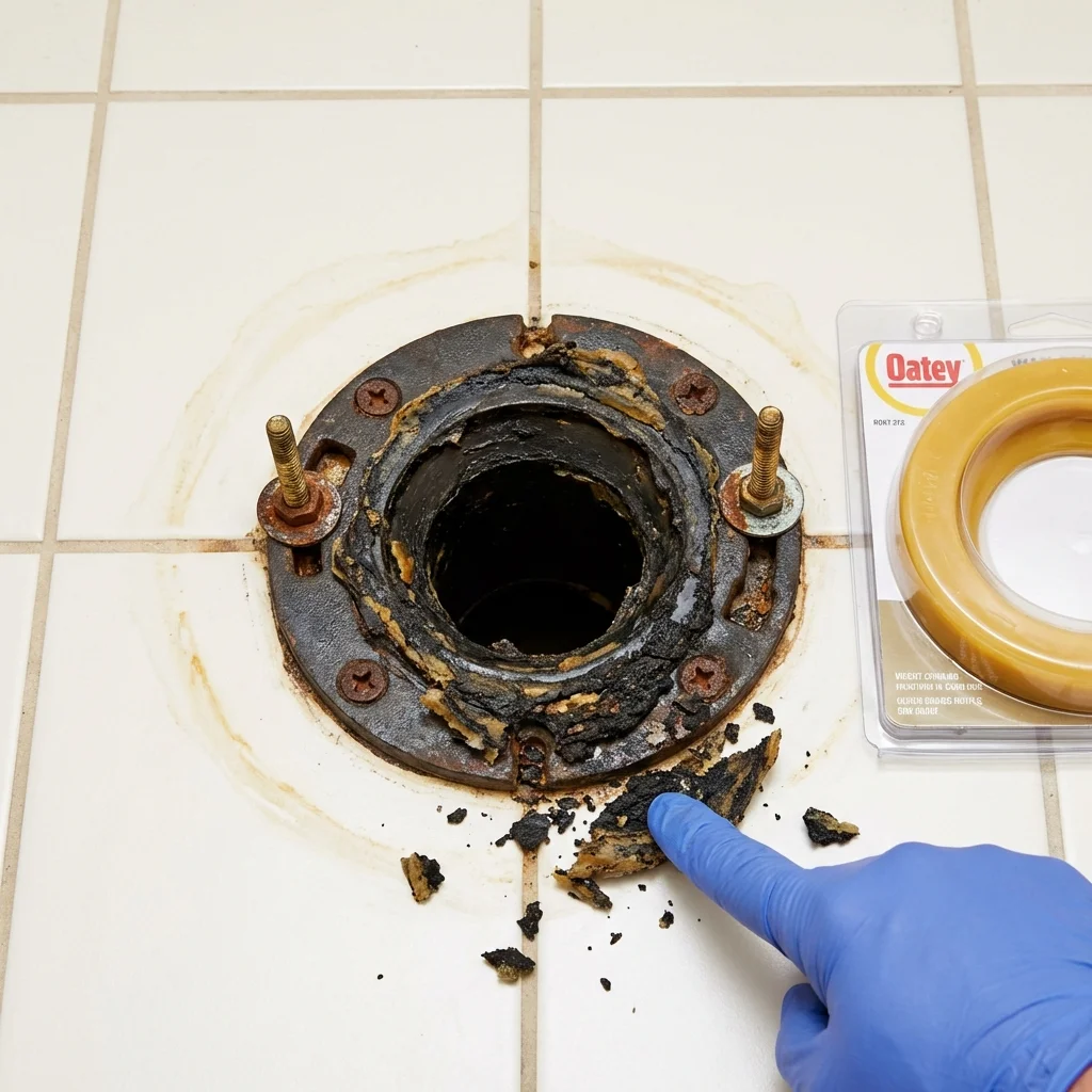 Failed wax ring showing water seepage at the base of a toilet in a Ormond Beach, FL home