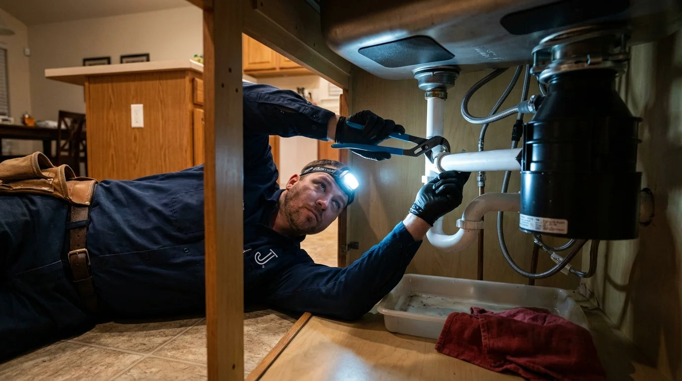 P-trap and supply line connections under a kitchen sink showing a common leak point in Ormond Beach, FL
